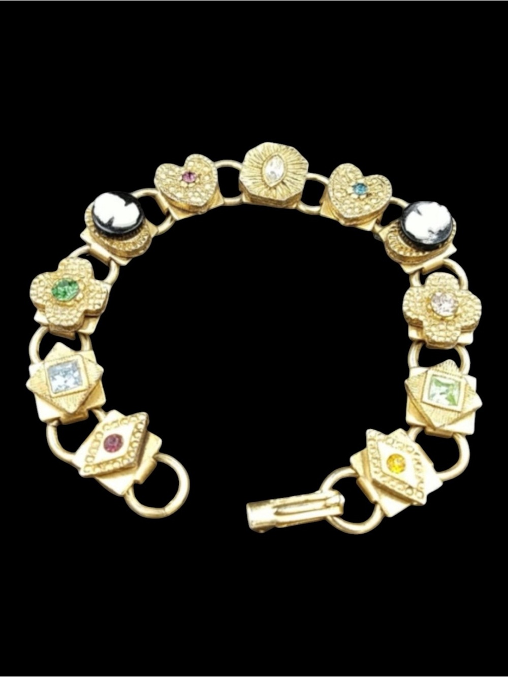 Vintage Cameo Rhinestone Heart Link Bracelet